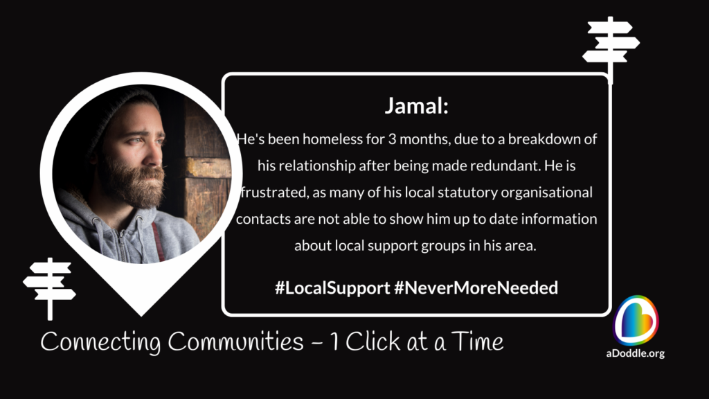 A bearded man in a hoodie and beanie gazes to the left. Text beside him explains his story of homelessness due to job loss and relationship breakdown. He struggles to find local support. Below, text reads: "Connecting Communities - 1 Click at a Time." Logo for aDoddle.org in the corner. The overall theme of the image appears to be raising awareness about homelessness and the importance of local support, highlighting the story of an individual named Jamal to illustrate the issue. The image promotes the idea of connecting communities and that aDoddle.org - a community mapping organisation, have created the UK's first network of community maps, to connect people to the communities they live in.