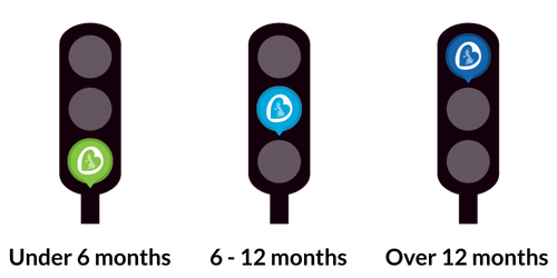 Picture of traffic lights indicating when it was last updated; green is under 6 months, light blue is 6-12 months and dark blue is over 12 months
