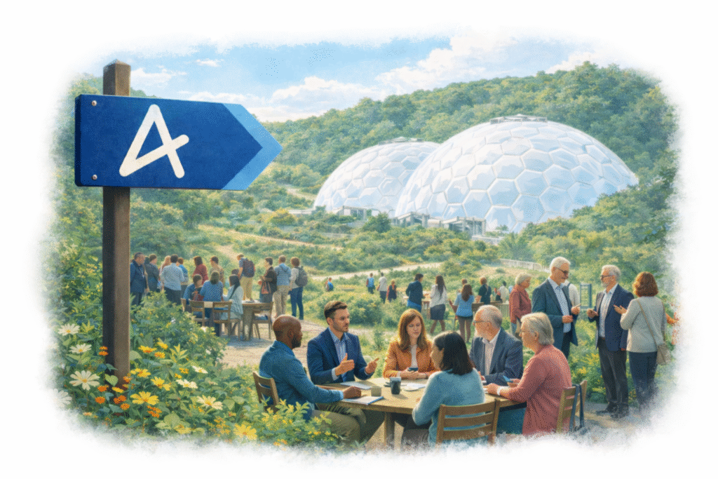 People gathered in small groups having conversations outdoors at the Eden Project, with the two biomes in the background and a signpost featuring the Anthropy “A”, representing connection, collaboration and shared thinking.