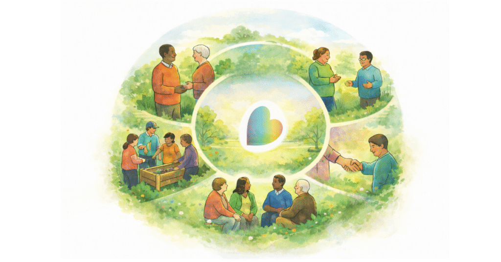 Illustration of diverse people in small groups talking, gardening, and connecting in a circle around a central heart, representing co-production, collaboration, and community support