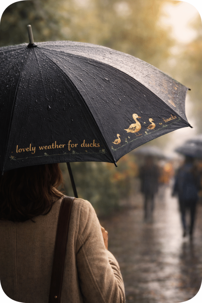 Person walking in the rain holding a black umbrella with the words “lovely weather for ducks” and small duck illustrations, with other people blurred in the background.