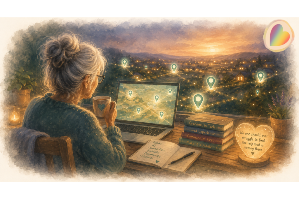 Older woman with silver-highlighted hair sitting at a desk at dusk, looking at a glowing laptop map connected by soft green location pins across a warmly lit community landscape. The painterly illustration has soft faded edges and a calm, reflective atmosphere about visibility, connection and finding support.