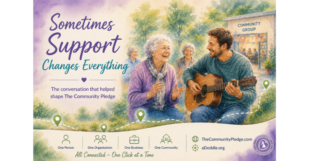 Watercolour-style landscape hero image showing an older woman smiling during a community music session while a man plays guitar beside her. The scene represents warmth, connection, visibility and the life-changing impact of finding the right local support. Soft community landscapes, green map pins and welcoming community spaces reinforce themes of belonging, discovery and human connection.