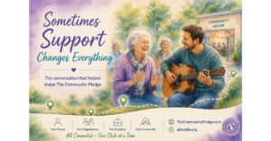 Watercolour-style landscape hero image showing an older woman smiling during a community music session while a man plays guitar beside her. The scene represents warmth, connection, visibility and the life-changing impact of finding the right local support. Soft community landscapes, green map pins and welcoming community spaces reinforce themes of belonging, discovery and human connection.