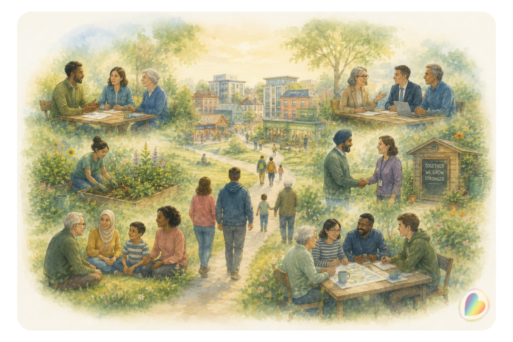 Painterly illustration of residents, community groups and professionals connecting and collaborating within a shared community setting.