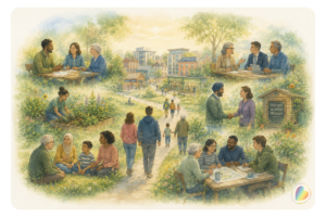 Painterly illustration of residents, community groups and professionals connecting and collaborating within a shared community setting.