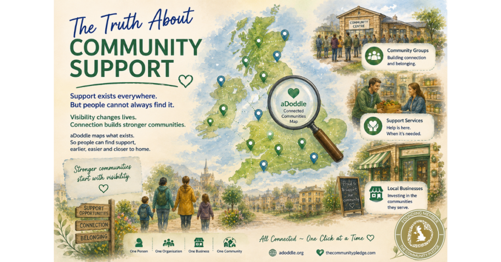 Illustrated UK-wide community map showing connected support, local organisations and community spaces across the country. The image explores how visibility and discoverability help people find support earlier, strengthen connection and build stronger communities through aDoddle.
