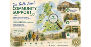 Illustrated UK-wide community map showing connected support, local organisations and community spaces across the country. The image explores how visibility and discoverability help people find support earlier, strengthen connection and build stronger communities through aDoddle.