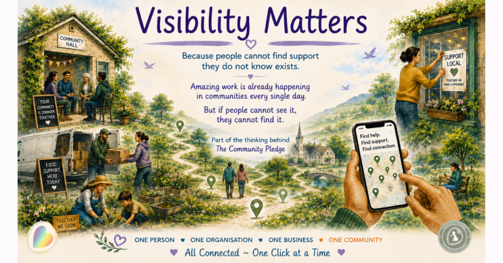 Illustrated community scene showing local people connecting, volunteering and supporting one another around a winding pathway with green map pins. Text reads “Visibility Matters” and highlights how The Community Pledge helps support the visibility and discoverability of community organisations through aDoddle.org.